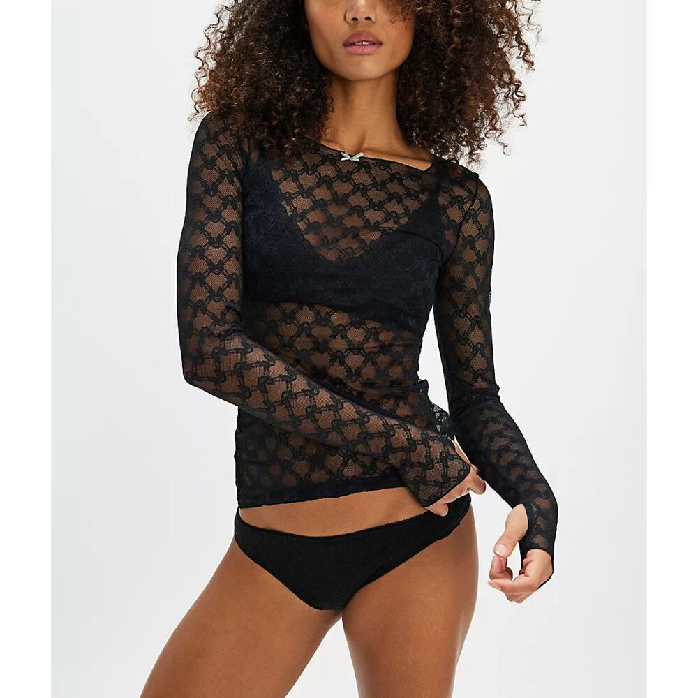 Free People Black Sheer Lace Long Sleeve Mesh Camisole